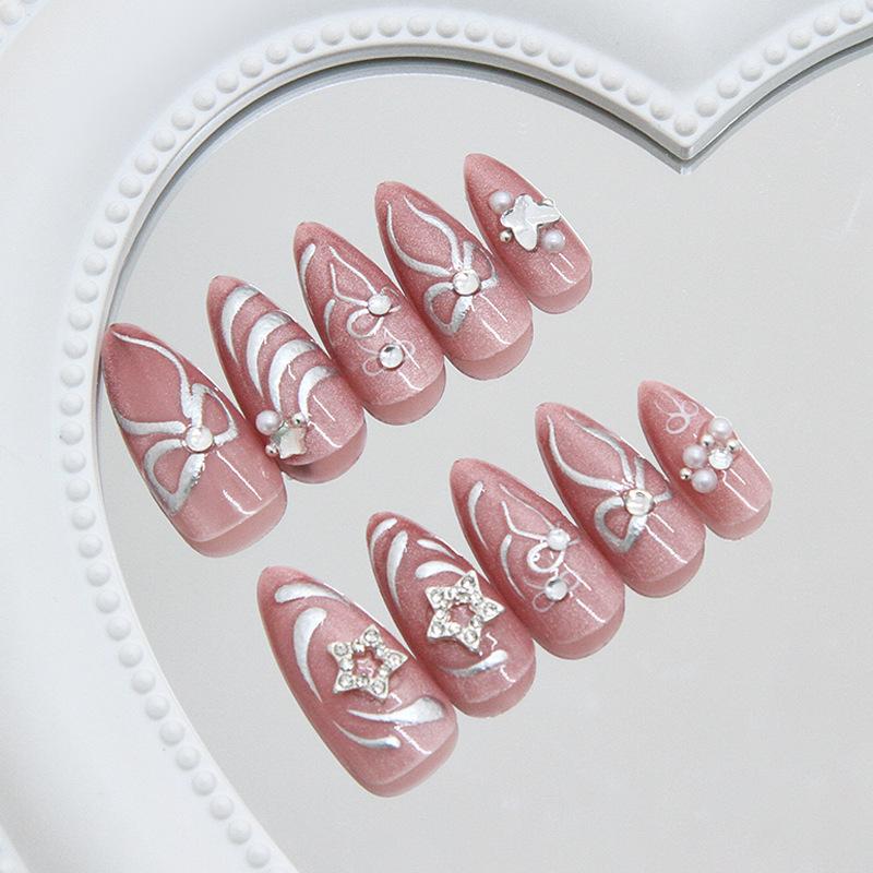 Cat's Eye Shining Star  Bow Shining Sweet Nail Art 24 Pieces