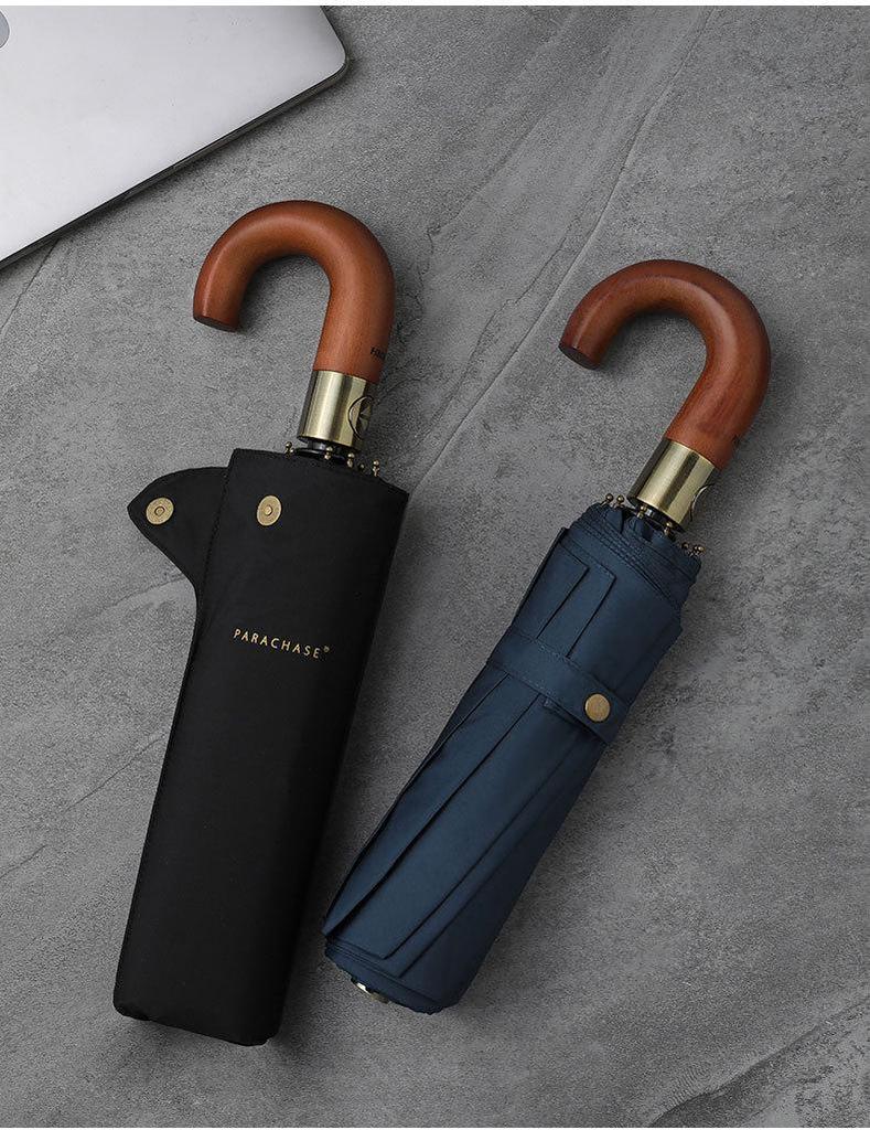 PARACHASE Windproof Auto Open/Close Umbrella with Wooden Curved Handle and Ten Ribs for Two People