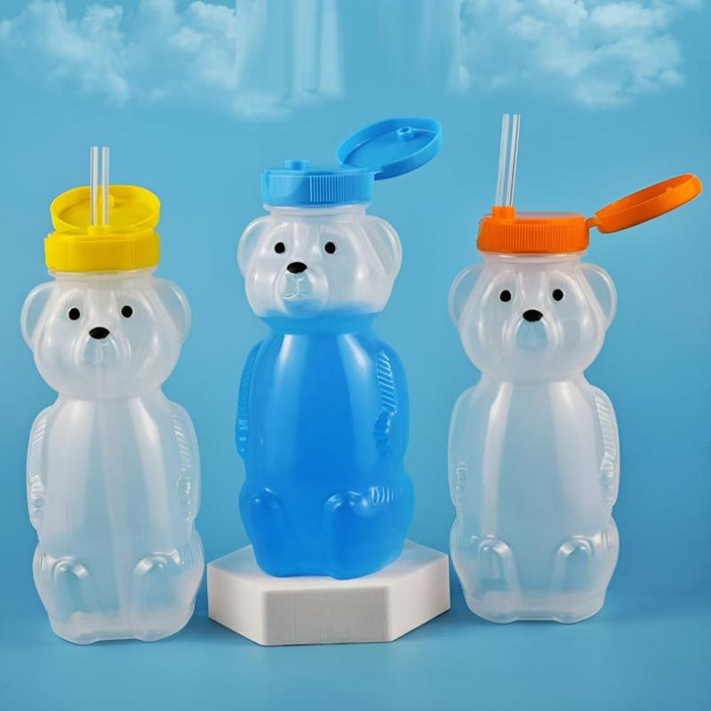 Kreslený hrníček s medvídkem a ohebným brčkem, těsnící, mačkací hrníček, roztomilý mačkací hrníček odolný proti protečení pro miminka