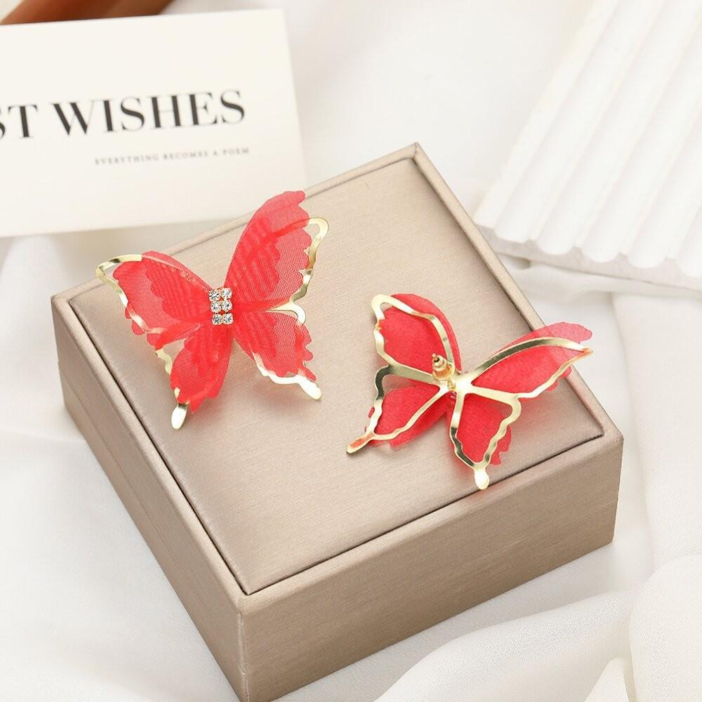 

South Korea Dongdaemun same silk yarn butterfly super fairy earrings Mori less stud earrings красный