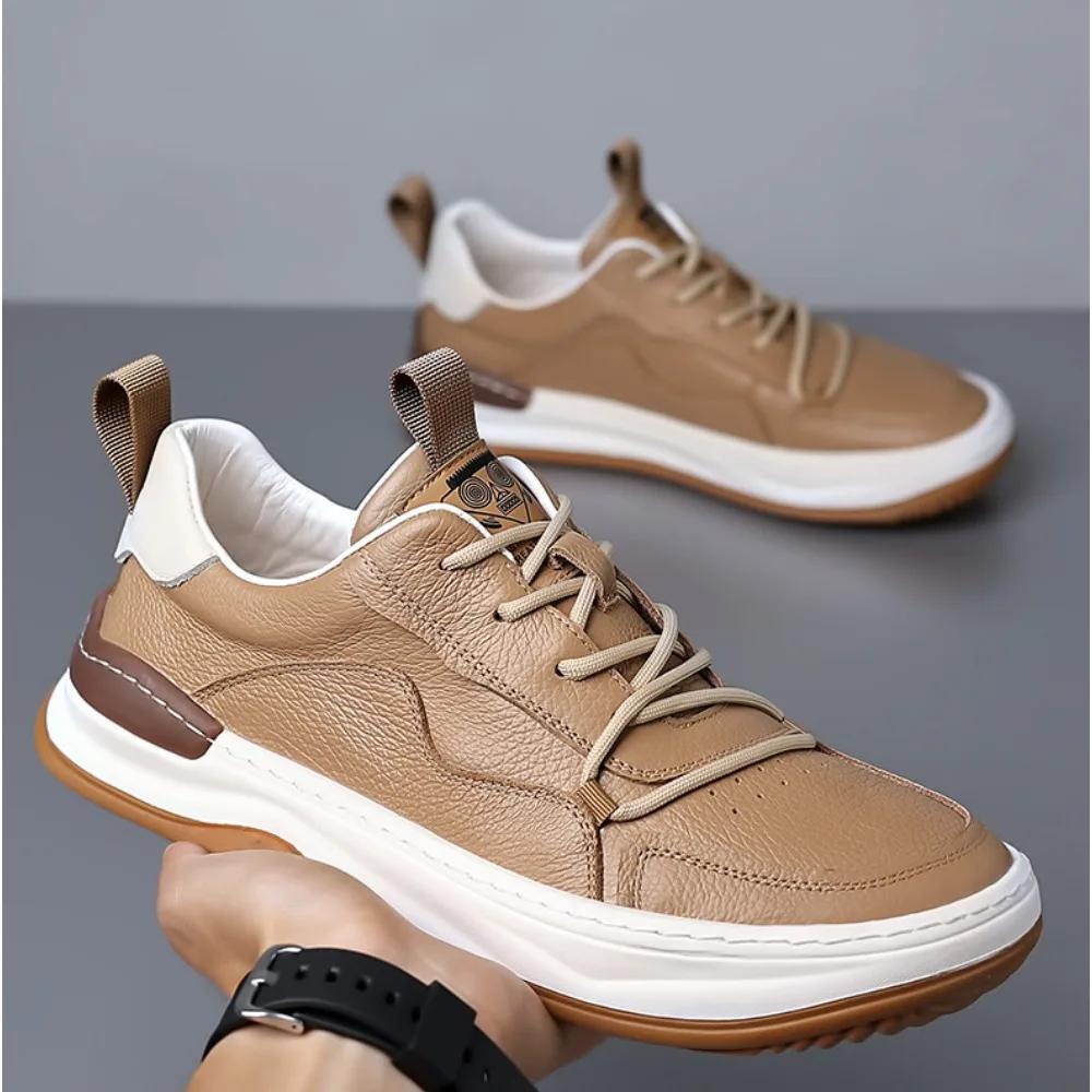 Leather Shoes Men's 2024 Spring and Autumn New Leather Mens Shoe Thick Soled Round Toe Mans Shoe Casual Breathable Shoes Loafers