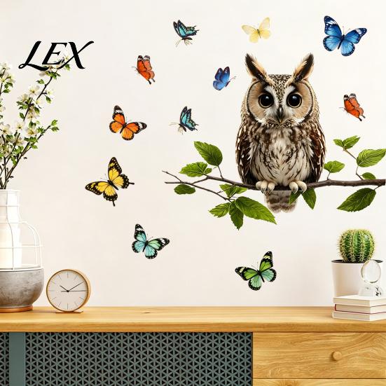 Decorative Party Window Sticker Owl Butterfly Wall Sticker, Forest Animal Illustration Decals, Nature Inspired Balcony Glass Decor Waterproof