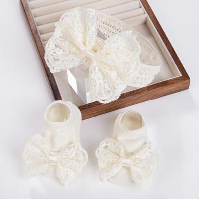 3Pcs/Set Cream Lace Baby Headbands&Socks Newborn Princess Girls Wide Rhinstone Pearl Eastic Hairbands Kids Headwear Po Props