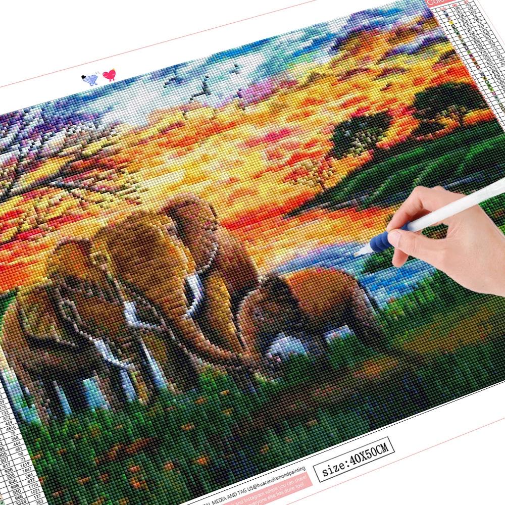 5D-Diamantmalerei zum Selbermachen, Elefant, Strass-Set, komplett quadratisch und rund, Diamantstickerei, Tiermosaik, Sonnenuntergang, Heimdekoration