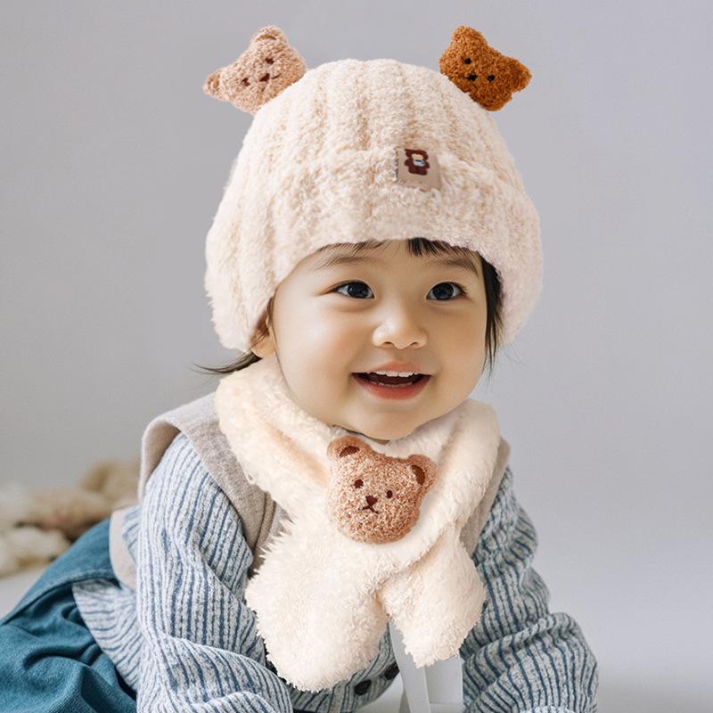 Autumn and Winter Children's Plush Bear Hat Scarf Two-piece Set Plush Warm Scarf Cute Plush Hat Baby