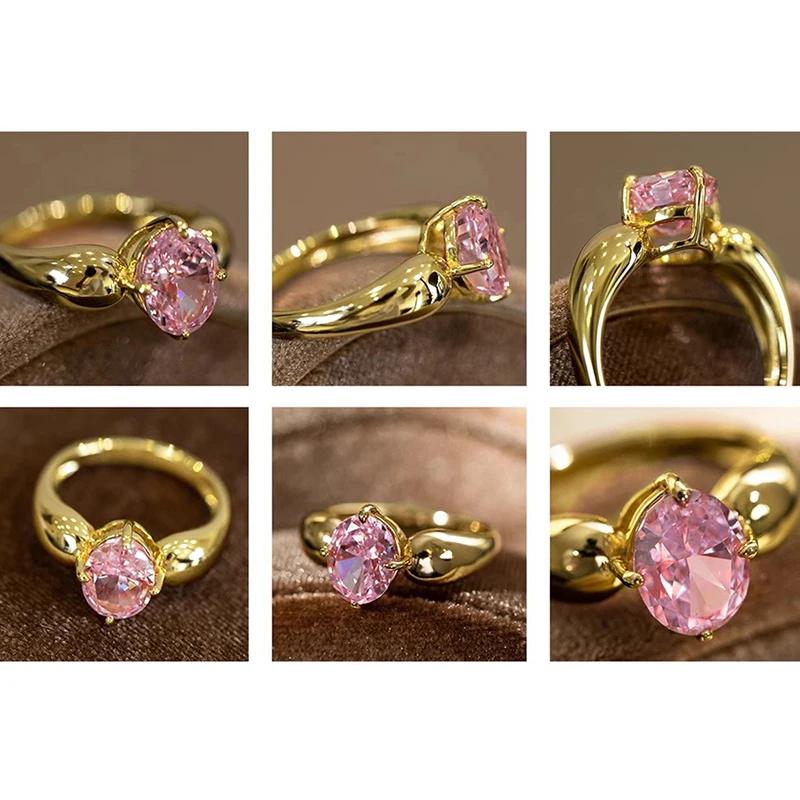 Huitan Luxury Pink Cubic Zirconia Women Rings Newly Trendy Elegant Gold Color Rings Temperament All-matching Lady Party Jewelry