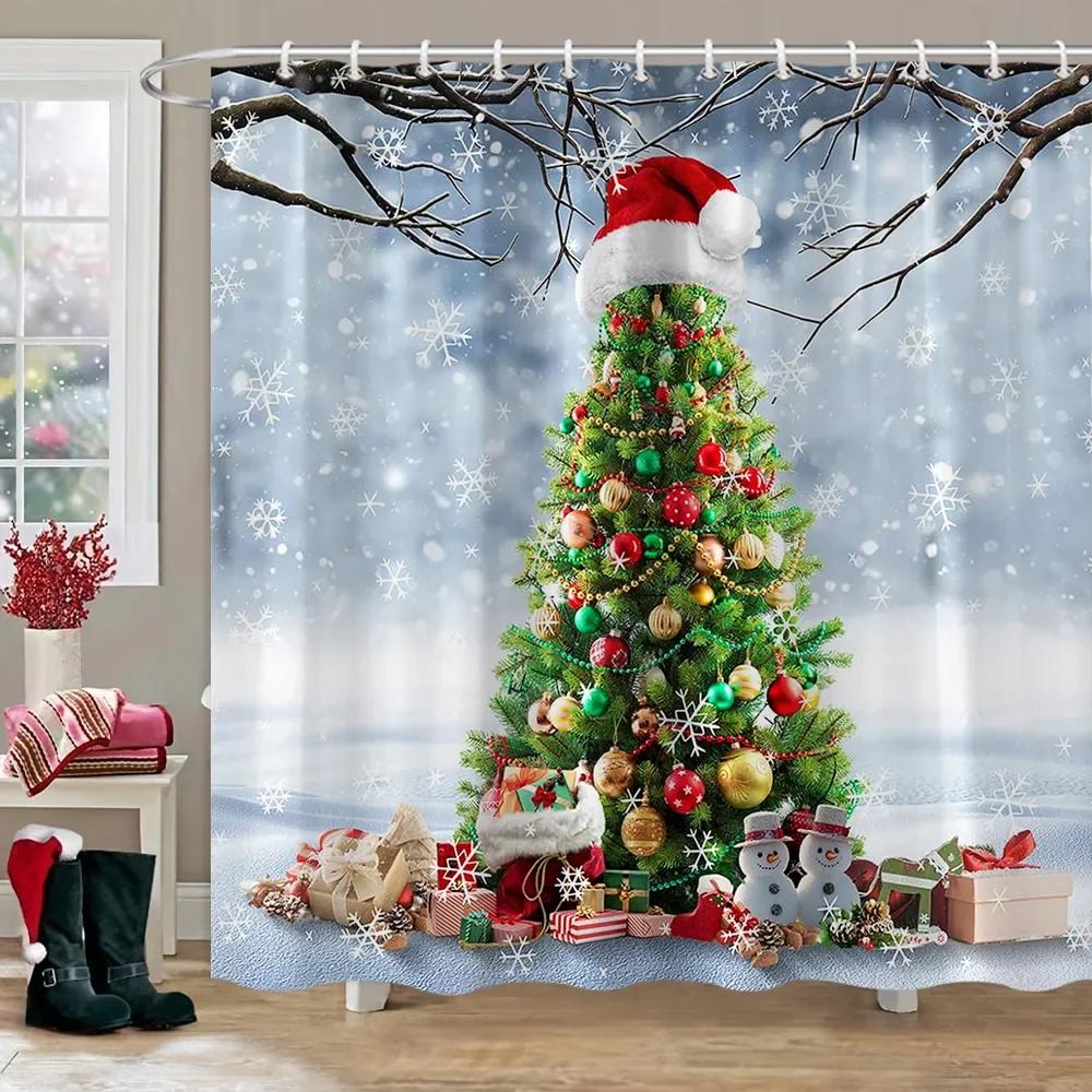 Merry Christmas Bathroom Curtains Snowman Christmas Tree Gift Red Truck Polyester Fabric Washable Shower Curtain Bathroom Decor