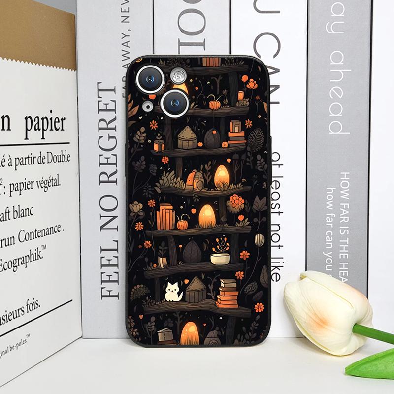Vintage Totenkopf Blume Bücherregal Bemalte Handyhülle für IPhone 16 12 11 14 13 15 Pro Max Mini X XS XR SE2020 7 8 14Plus Weiche Hülle