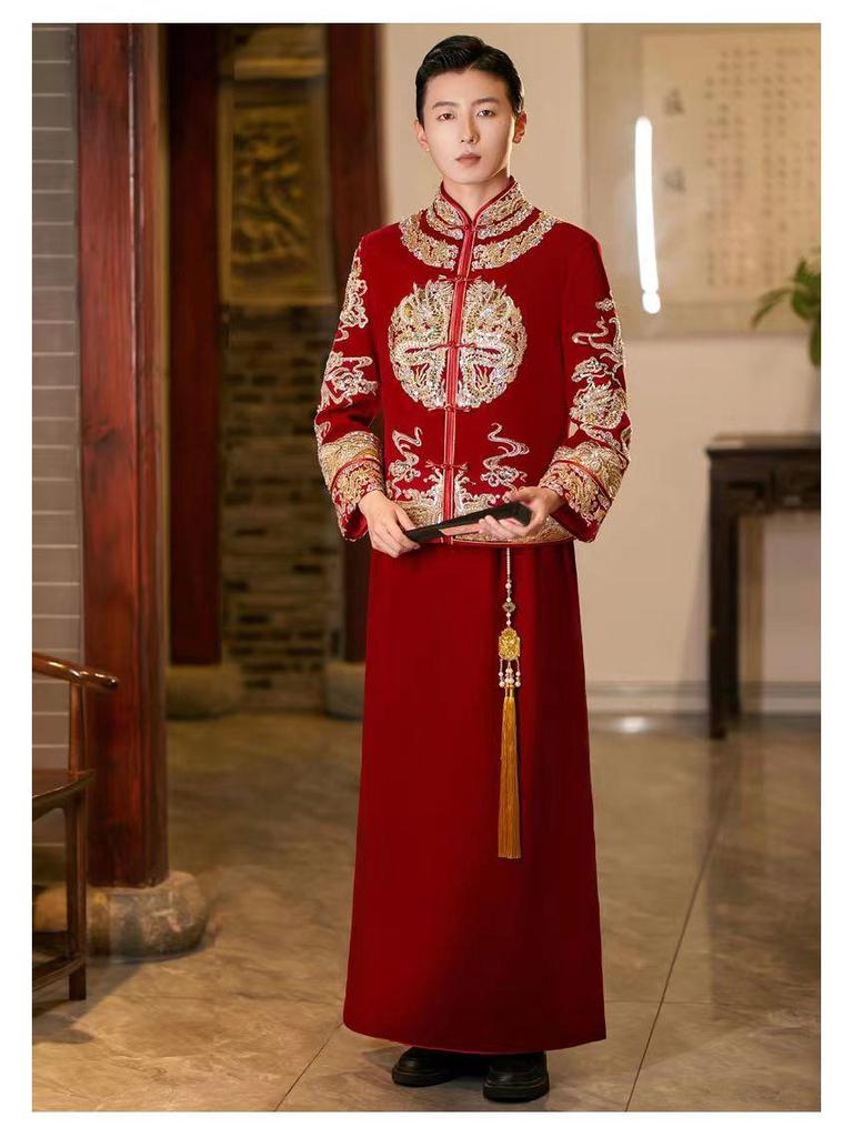 Herren 2024 Xiuhe Samt Hochzeitsanzug: Chinesisches Bräutigam Drachen & Phönix Gewand, Übergröße verfügbar