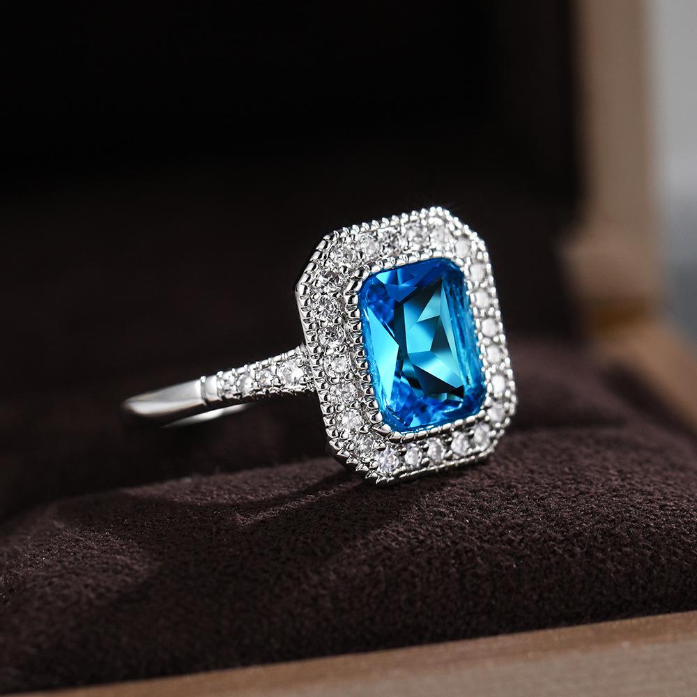 Fashion Aquamarine Stone Rings For Women SSIlver Color Square Blue Zircon Wedding Engagement Ring