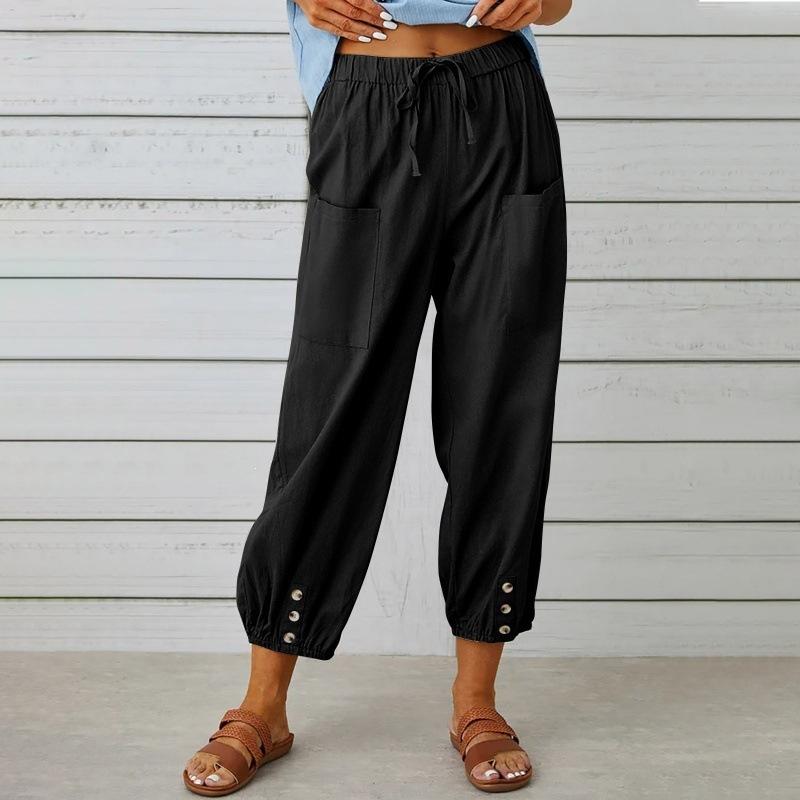 Women's High Waist Linen Pants Loose Fit Cropped Trousers Solid Drawstring Button Casual Fall Harem Pants