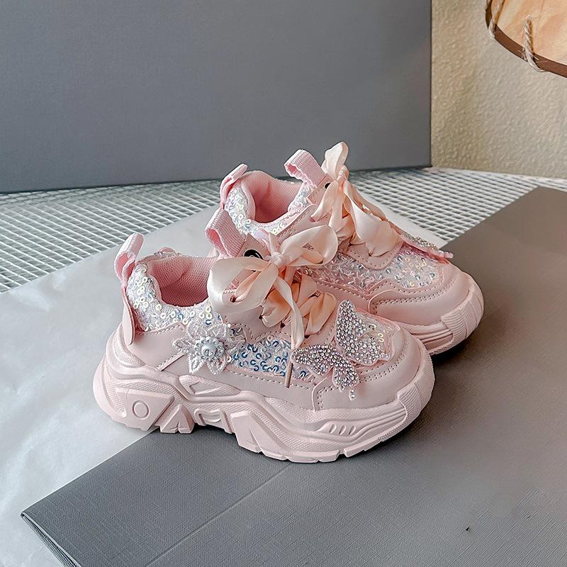 

Кроссовки для девочек Нескользящая Толстая Мягкая Подошва Детские Беговые Кроссовки Хрустальная Бабочка 2025 Новая Детская Обувь Принцессы Блестящие Пайетки Милые 30 розовый