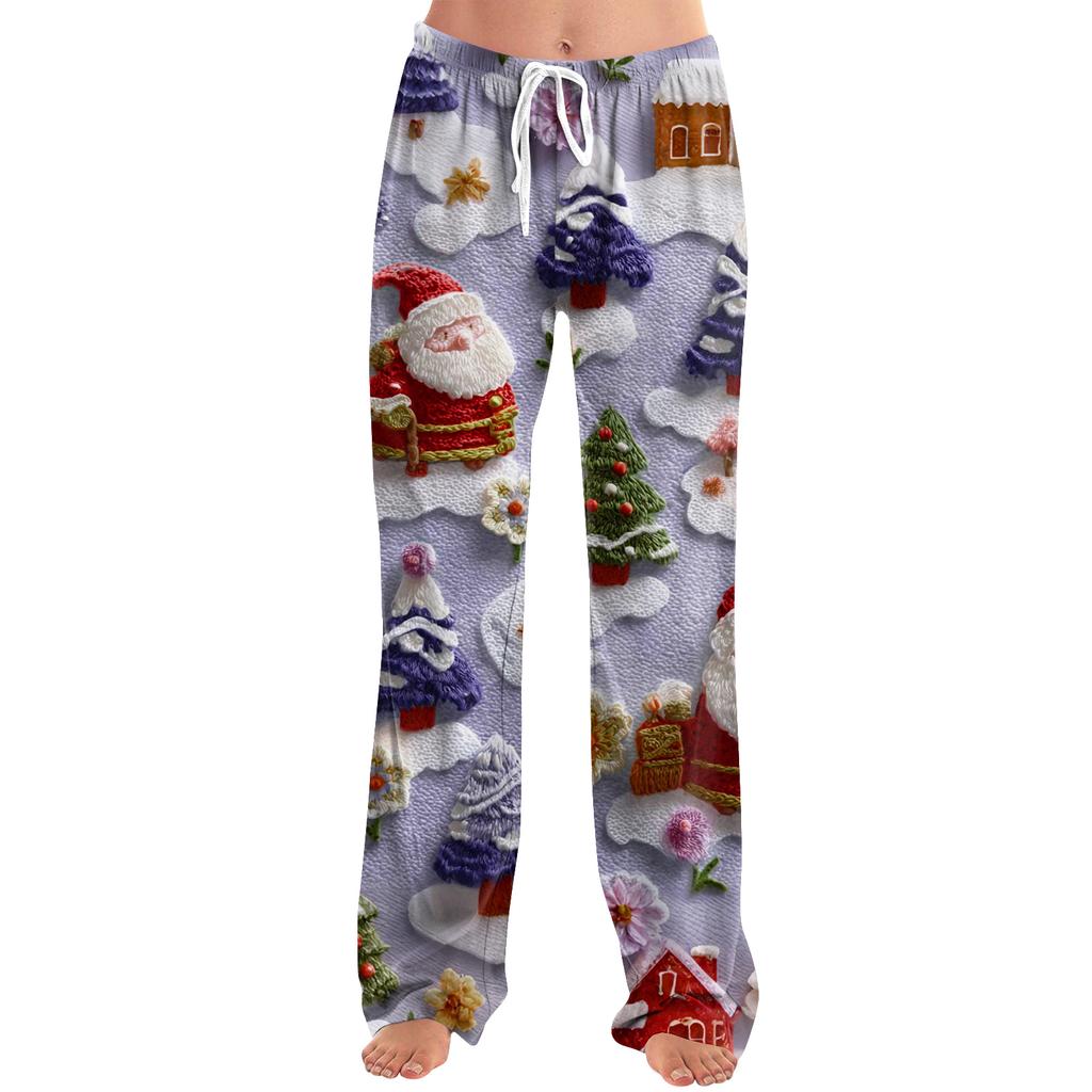 Ladies' Loose And Casual Christmas Printed Wide Leg Pants With Elastic Waistband Drawstring And Pocket Pants