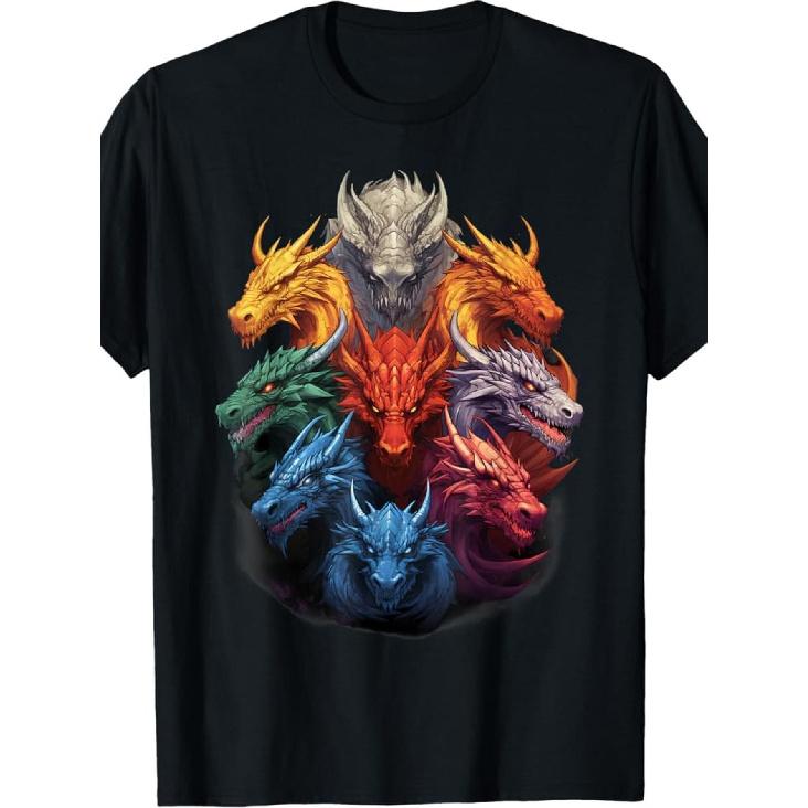 1pc Mythical Dragon Heads Graphic Tee - Cool Crew Neck Short Sleeve Cotton Shirt, Soft Breathable Casual Top - Ideal Gift for Fantasy Lovers, Gamers S чёрный
