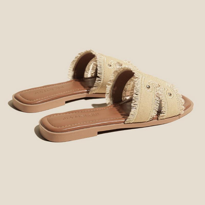 Women Denim Fringe Slide Sandals Outdoor Vacation Comfy Casual Slippers Flat-sole Half Slippers Lightweight French Style Sandals