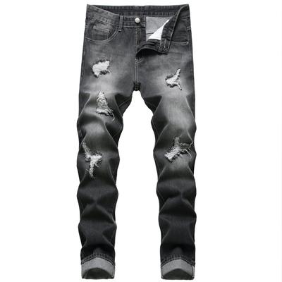 Pantaloni noi, europeni și americani, negri, de mărime mare, pentru bărbați, denim casual, rupti, cu picioare drepte, care pot fi purtați în toate anotimpurile 2024