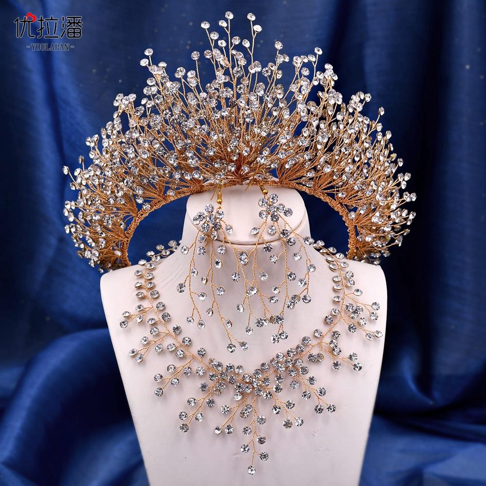 Yulapan Hp193 Luxury Bridal Headgear Crown Set Accessories Ab Diamond Necklace Earrings Three-Piece Hair Accessories