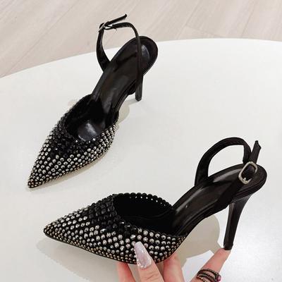 Fashion Liyke Sexy Slingback Shoes Women Pumps Crystal Rhinestone Pointed Toe Back Buckle Strap Black High Heels Mules Sandals Female