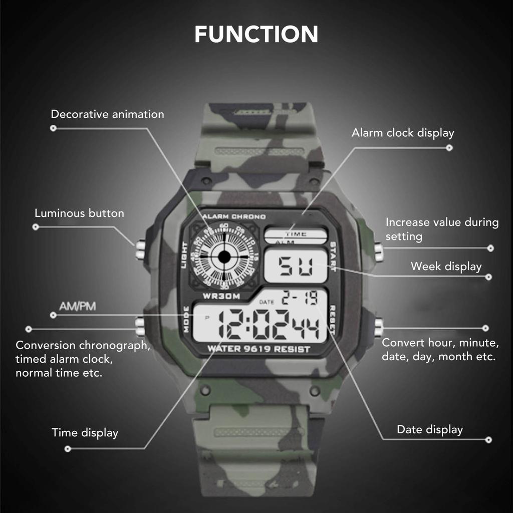 Digital Watch Multi Function Fashion Square Luminous Waterproof Outdoor Sports Chronograph Watch Camouflage Gray