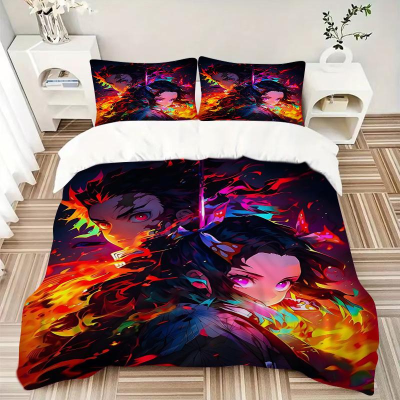 3pcs Flaming Anime Characters Printed Quilt Set - Includes 1 Quilt Cover and 2 Pillowcases, Machine Washable - Suitable for All Seasons.C037