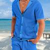 Summer Men's V-neck Short-sleeved Cardigan and Shorts Suit, Fashion Hollow and Breathable Two-piece Men's Suit
