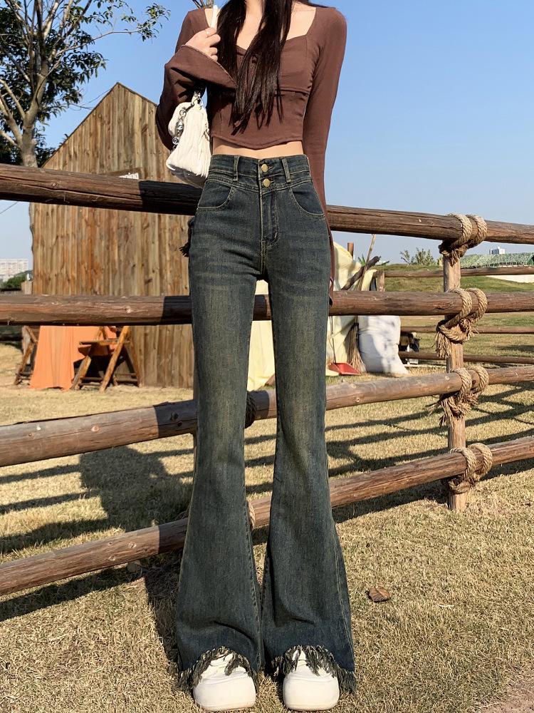 

Women s 2025 High-Waisted Slim-Fit Micro-Flare Jeans for Petite Figures, Spring & Autumn Style, Flattering Raw Hem Bell Bottoms Large