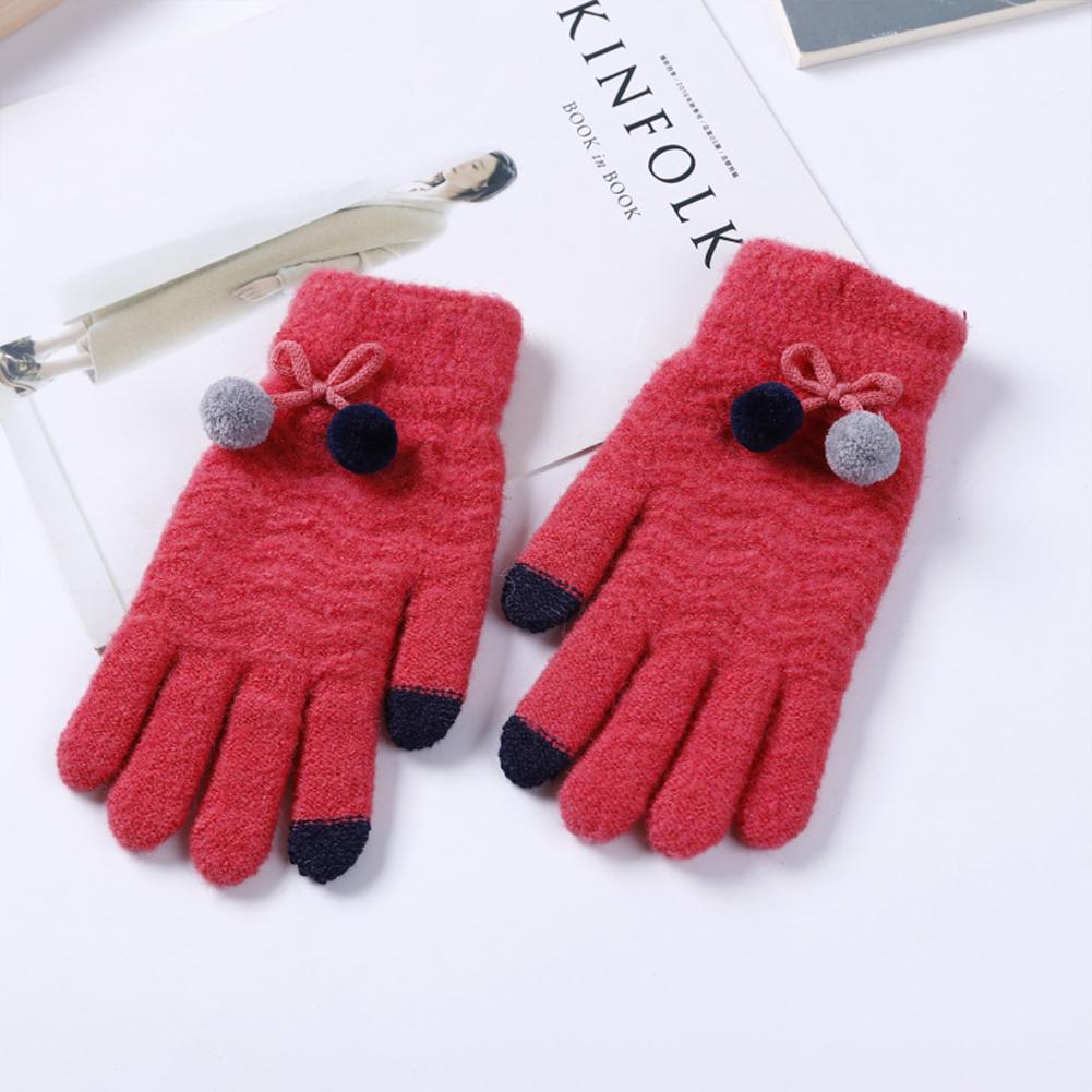 Women Knit Gloves with Cute Plush Ball Warm Hands Keeper Lady Touch Screen Gloves