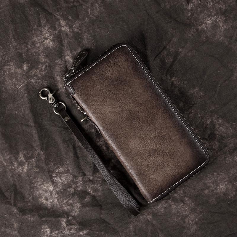 New Vintage Men's Wallet, Long Zipper, Genuine Leather Handbag, Cowhide Men's Leather Wallet