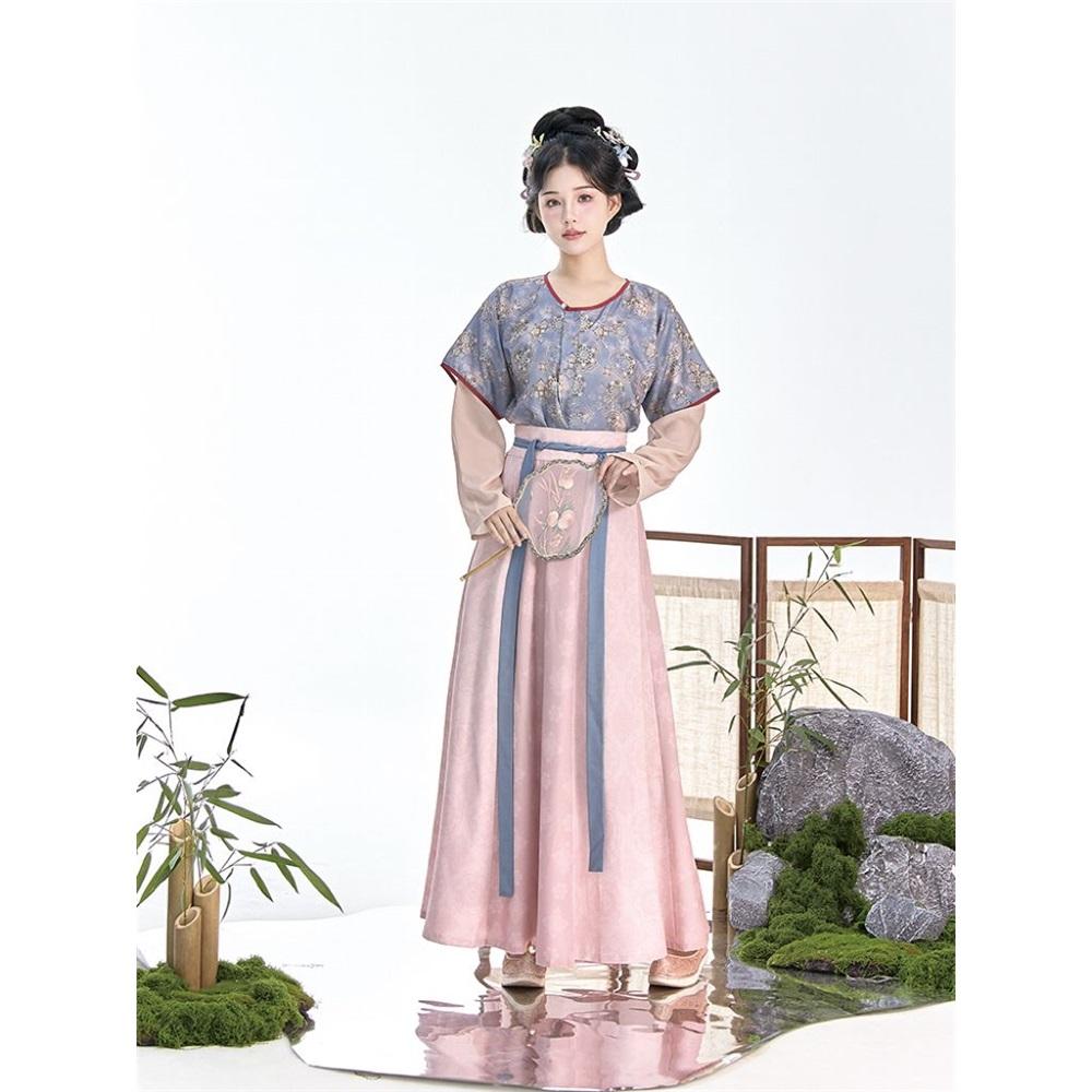 Restore The Chinese Tang Dynasty Style Hanfu Round Neck Shirt Tang Bei Zi And One-piece Skirt Daily Suit For Women