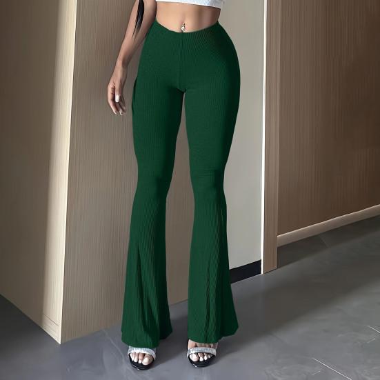 Women Flared Pants Elastic High Waist Solid Color Long Pants Ribbed Texture Yoga Running Cycling Trousers