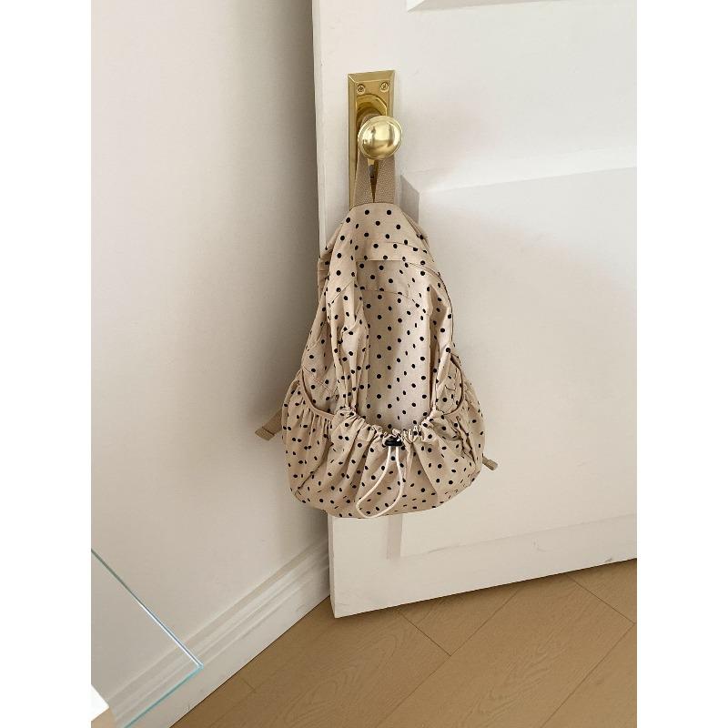 New Backpack Lightweight Literary Polka Dot Backpack Girls Campus Wind Drawstring Pleated Casual Schoolbag