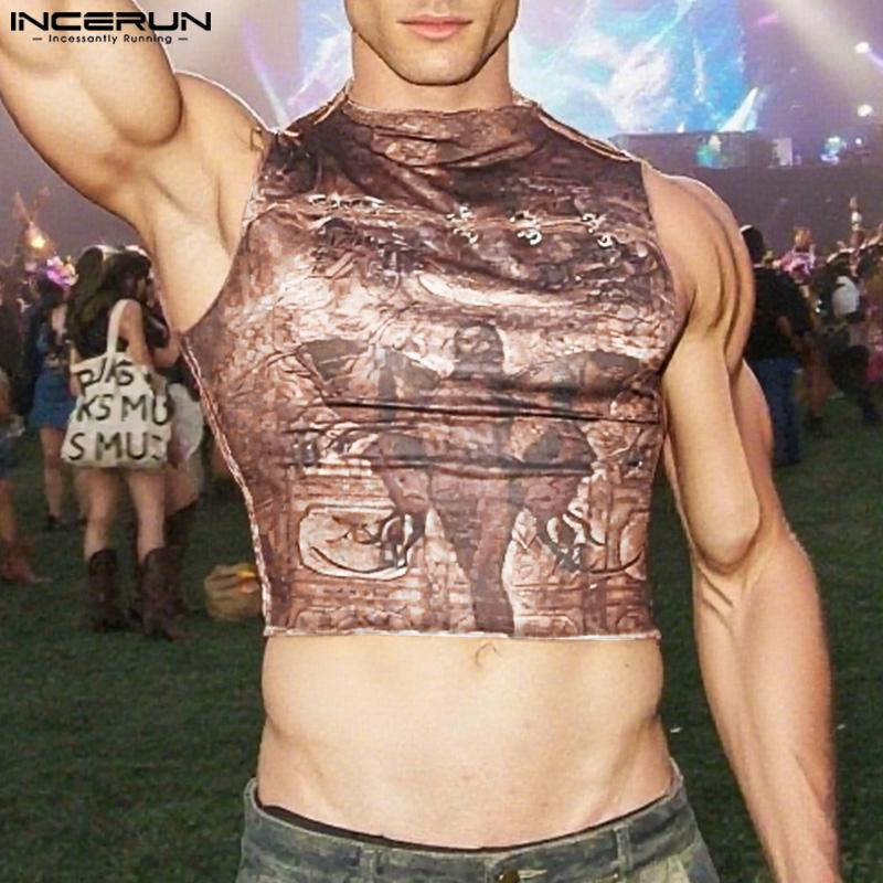 INCERUN Men Round Neck Sleeveless Print Casual Fitted Cropped Tank Tops