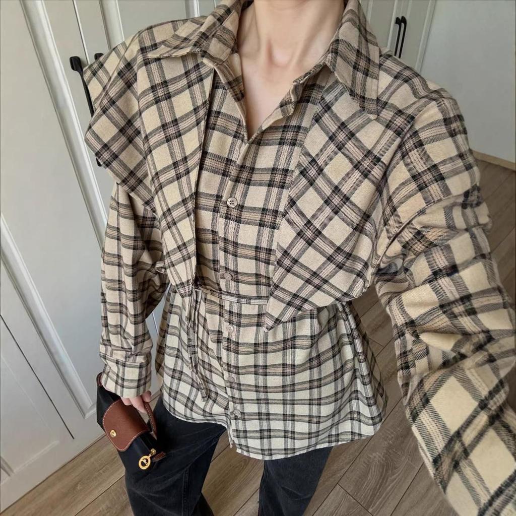 Ensemble chemise à carreaux et châle pour femmes européennes et américaines 2026: Mode Trois-en-un à Manches Longues avec Taille à Nouer.