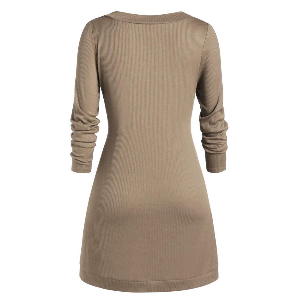 Plus Size Women  Long Sleeve Solid Botton Pachwork Asymmetric Tops Sweater