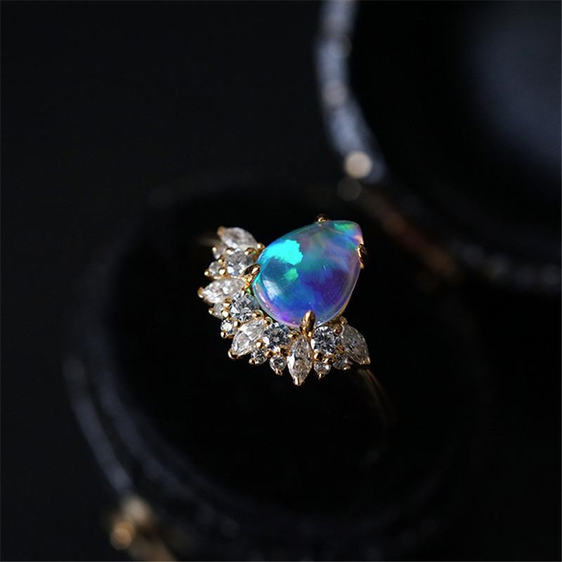 Luxury Female Blue Fire Opal Stone Engagement Ring Trendy Gold Color Water Drop Wedding Jewelry Gift For Women