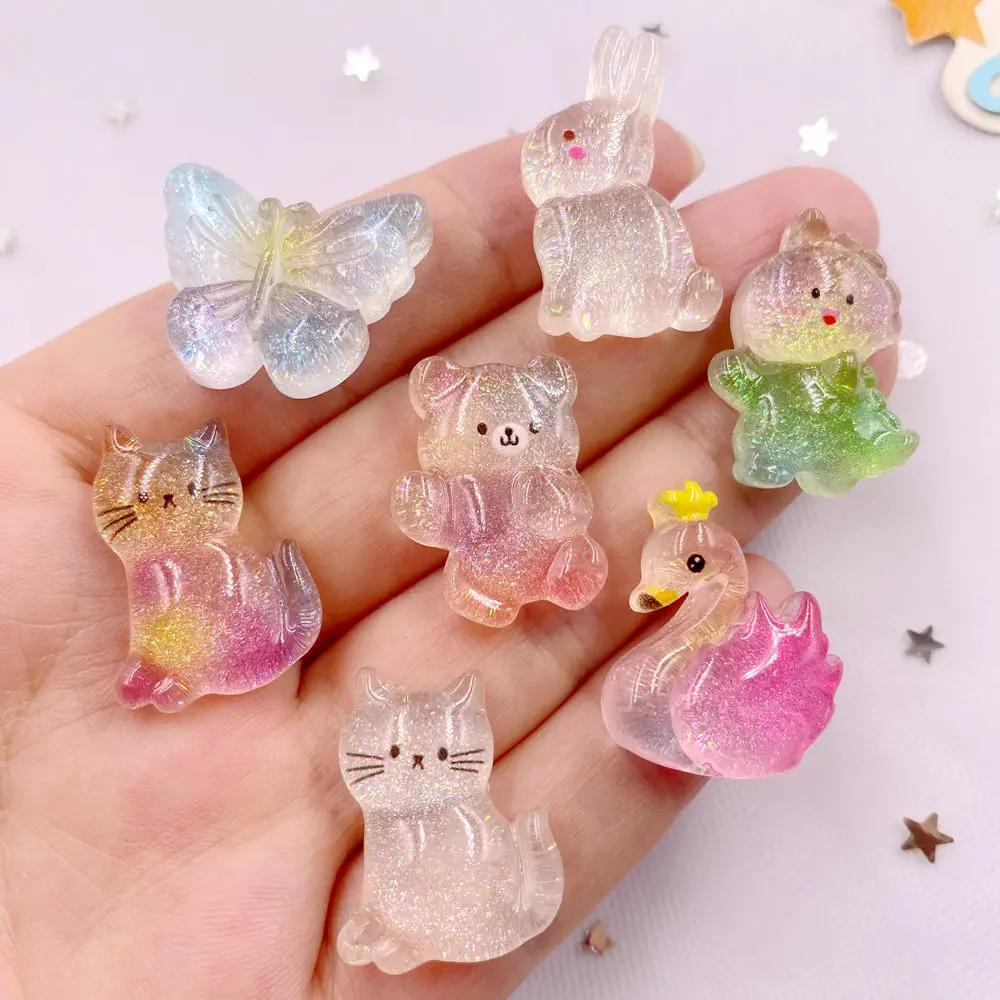 12Pcs Resin Colorful Kawaii Swan Dinosaur Cat Rabbit Butterfly Bear Figurines Flatback Rhinestone DIY Bow Decor Scrapbook Crafts
