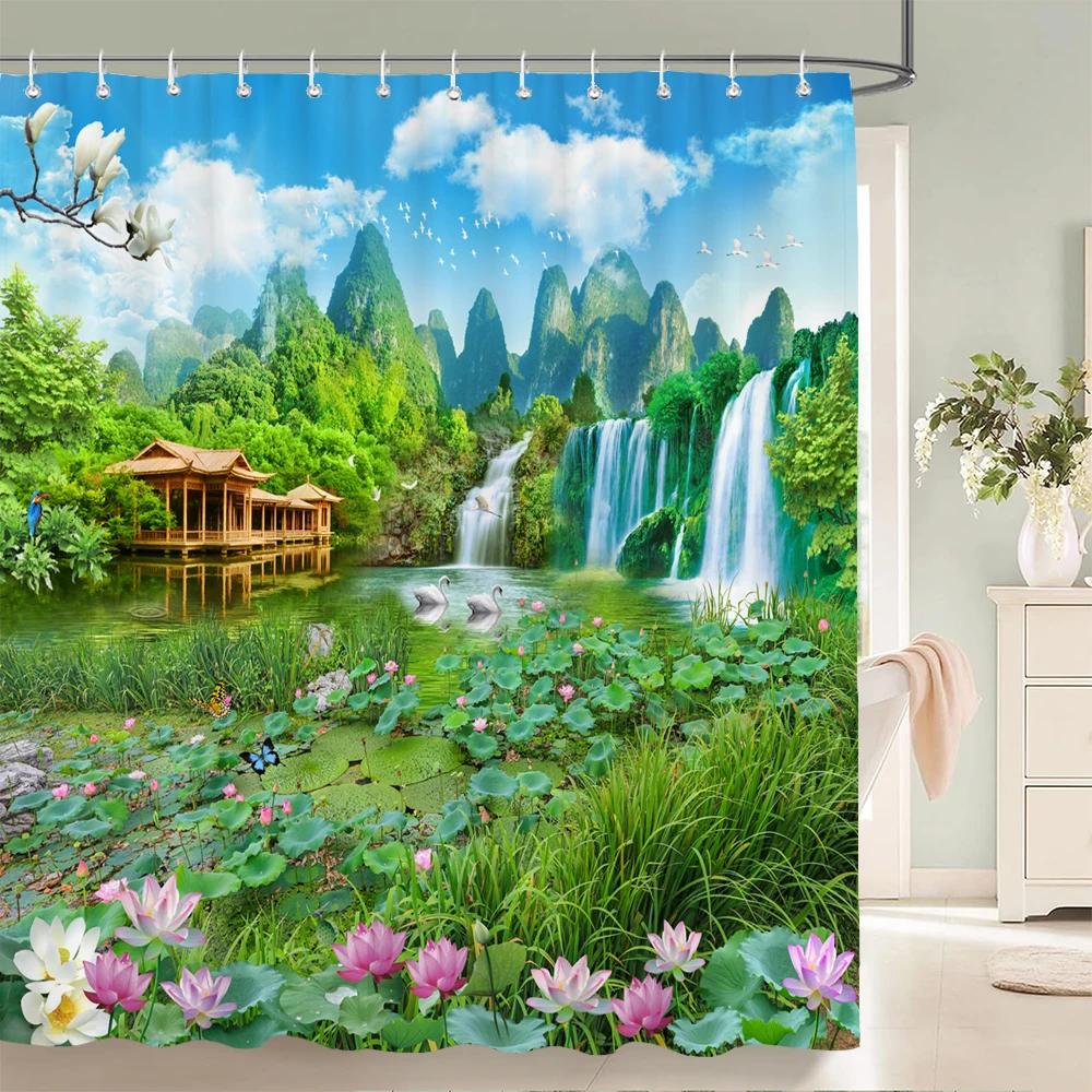 Chinese style Natural Waterfall landscape Shower Curtains Bathroom Curtain Waterproof Polyester Horse Bath Curtain with Hooks