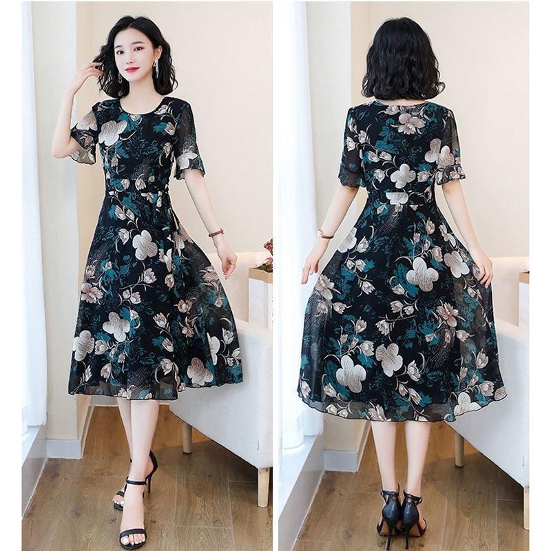 Women's Summer Dress Large Size Chiffon Print Round Neck Short Sleeve Skirt Length To Calf