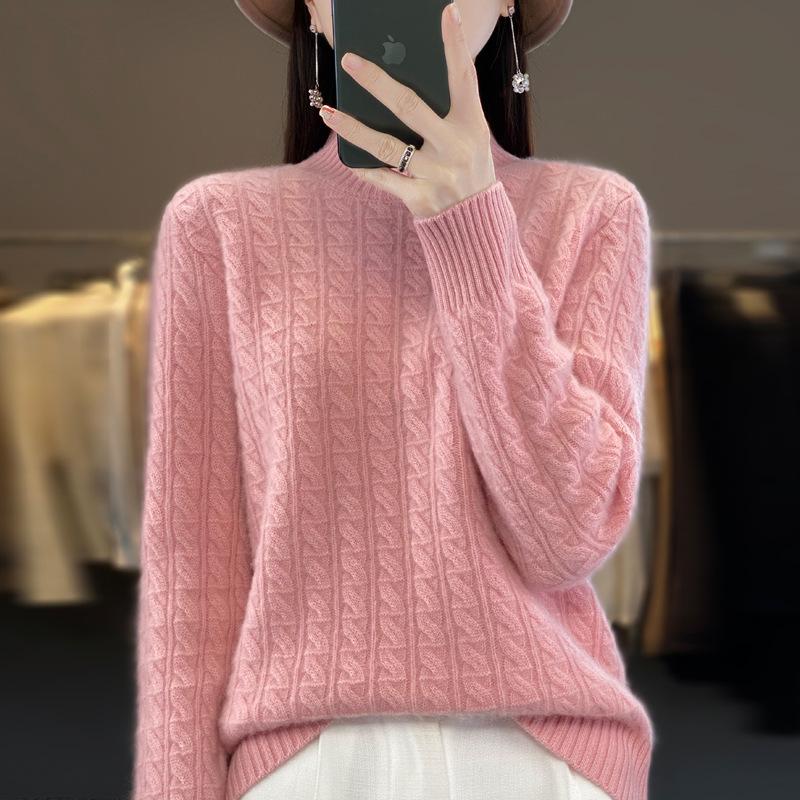 2023 Autumn/Winter Women's Korean Wool Cable Knit Round Neck Sweater