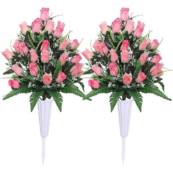 Lodou Artificial Cemetery Flowers,Outdoor Grave Decorations Roses,Arrangements Bouquet with Cemetery Vase, Silk Flowers for Long-Lasting Remembrance