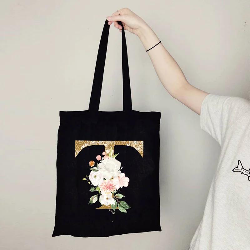Gold Letter Flower Canvas Bag Women's Shopping Bag Reusable Large Capacity Portable Handbag Harajuku Student Shoulder Bag