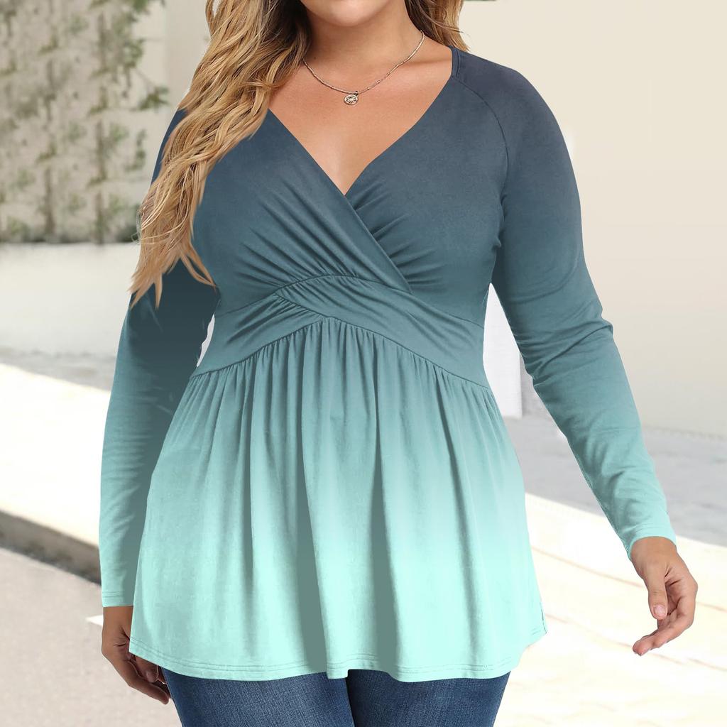 Women's Plus Size Shirt Long Sleeve  Print Top Pleated Casual V-Neck Top