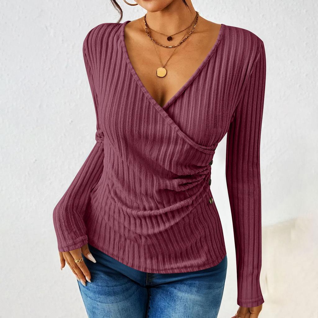 Women's Fashion Casual Long-Sleeve V-Neck -Color Pullover Knit Top