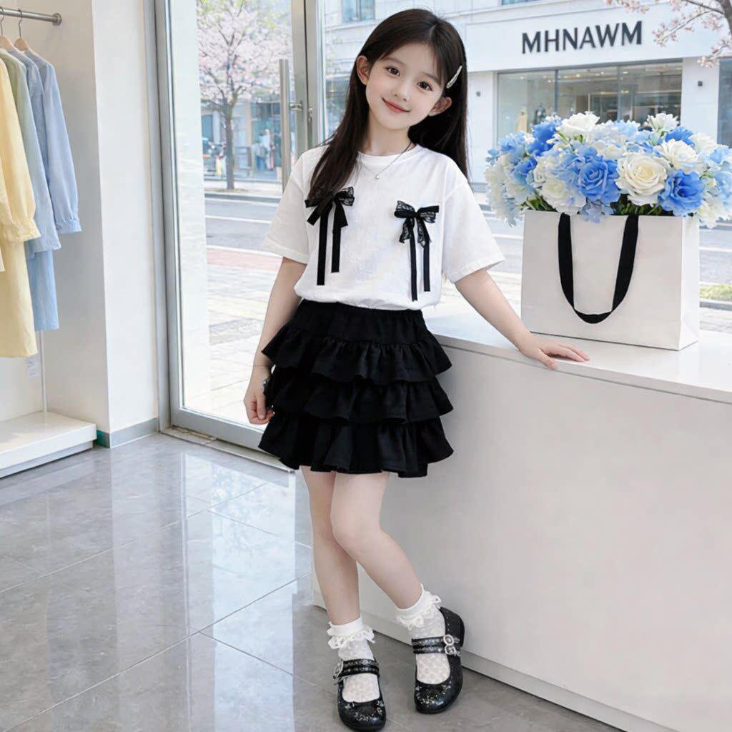 Completo estivo a due pezzi per bambina in stile coreano con fiocco - Dolce e alla moda Outfit con gonna a torta