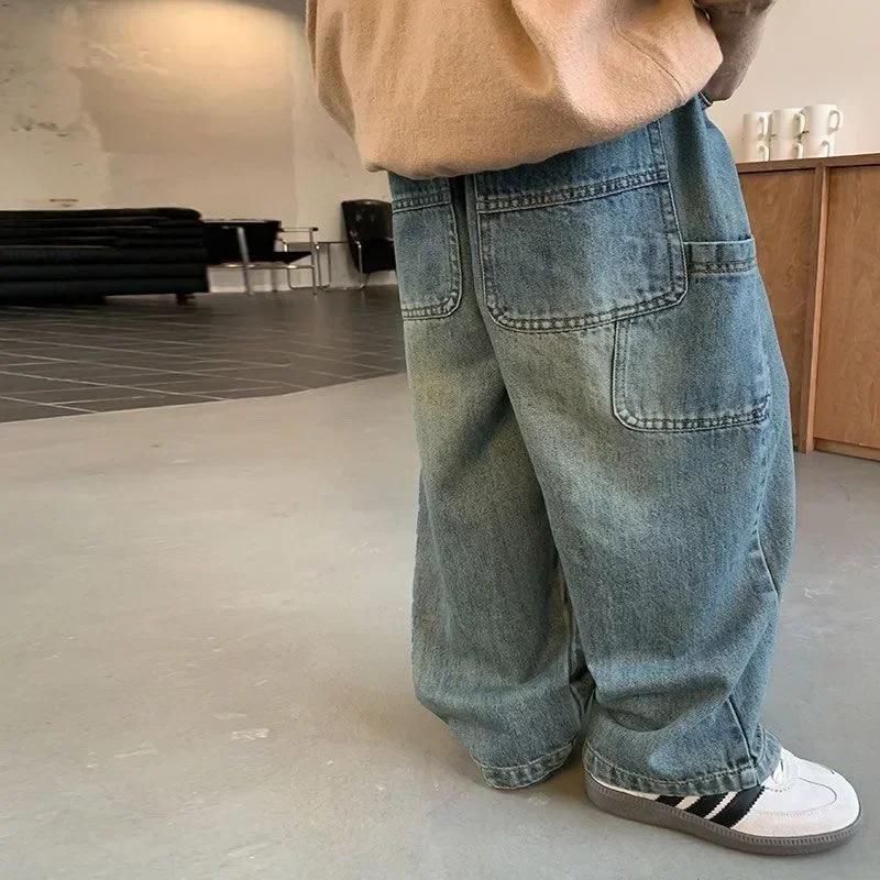 

Children s Retro Jeans Loose Straight Pants Wide Leg Pants for Boys and Girls Spring Autumn Kid s Denim Pocket Trousers 150 синій