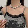 Adjustable Length Bowknot and Pearls Necklace Glass Beads Double Layer Choker Handmade Business Meeting Jewelry
