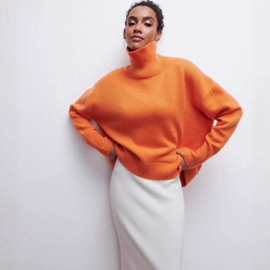 

Женский свитер с высоким воротником, свободный пуловер однотонной расцветки, трикотаж, толстый, теплый, вязаный топ, осень-зима S оранжевый