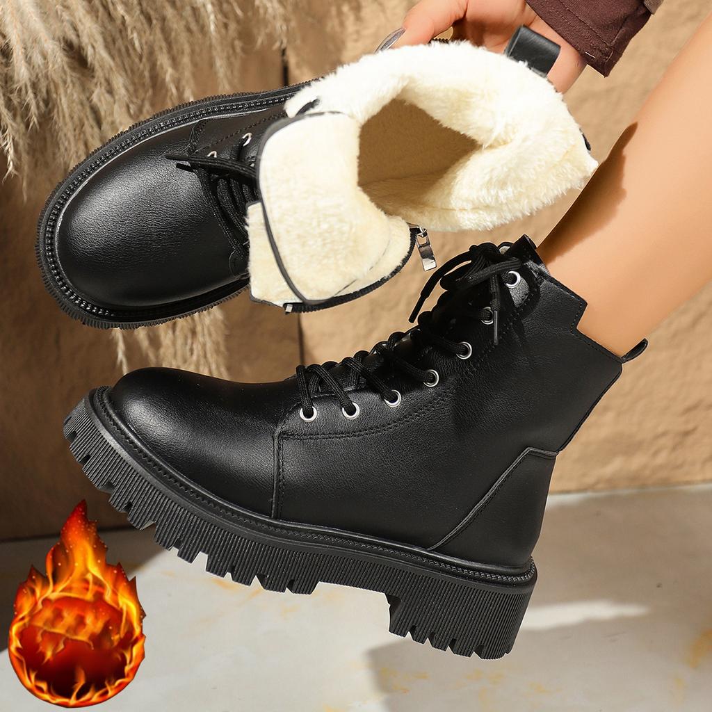 Mode Dames Laarzen Comfortabele Lage Hakken Leren Schoenen Mode Veters Platform Gevechtslaarzen Vrouw Winter Warm Korte Pluche Enkellaarsjes Dames