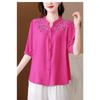 Women's Linen Blouse Embroidery Collar Half-Sleeve Casual Shirt