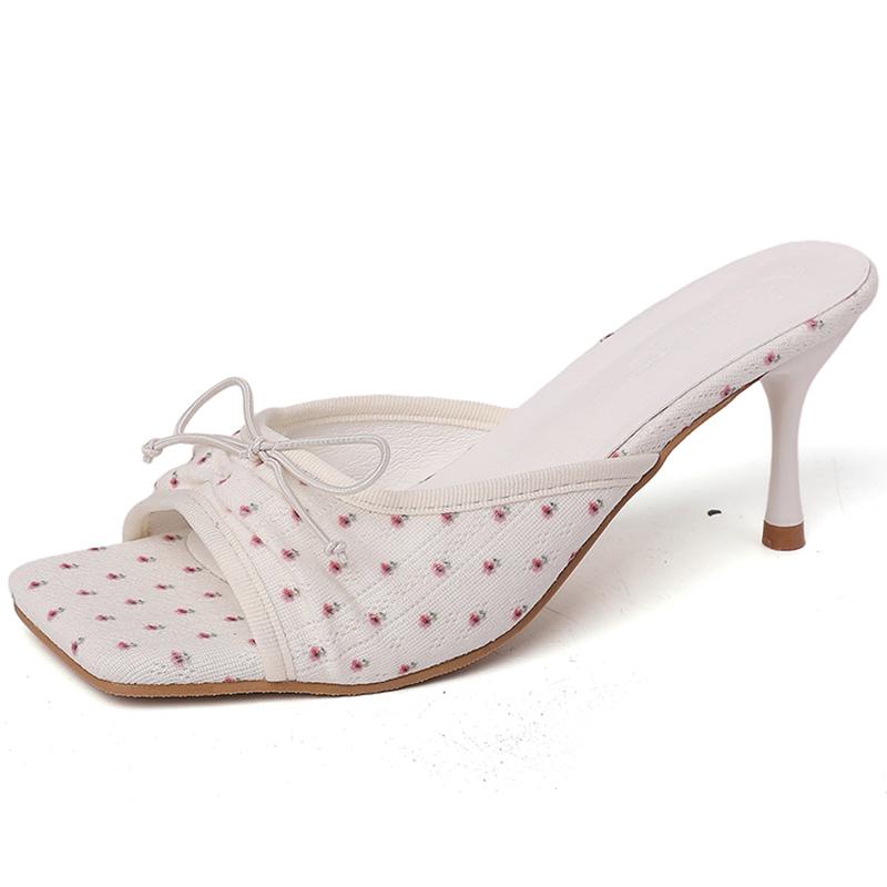 Summer Floral High Heels Women Slippers Fashion Square Toe Slip On Shoes Ladies Outdoor Party Dress Slides